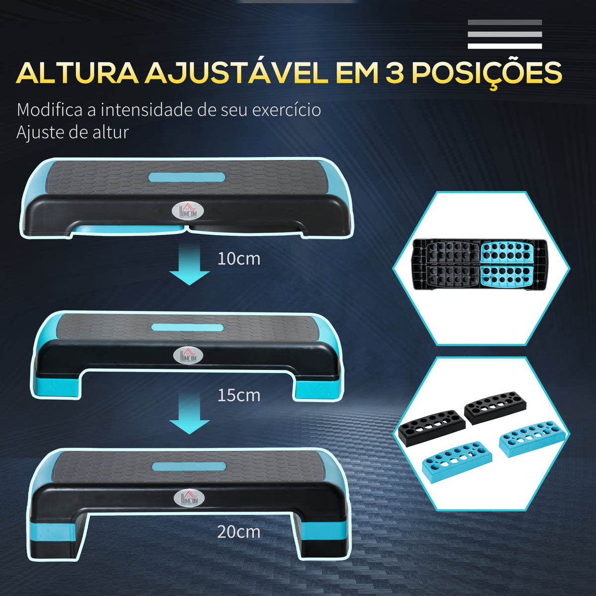 Plataforma Step Fitness Step de Aeróbico com Altura Ajustável de 10/15/20 cm Plataforma de Exercício em Casa Ginásio Oficina Carga 150kg 78x28x20 cm Azul e Preto — foto 4