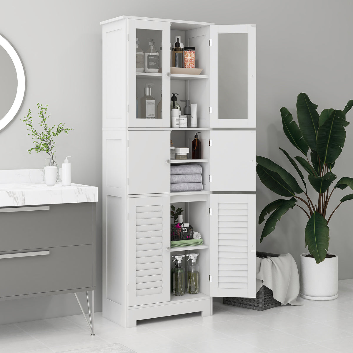 Coluna de Casa de Banho Móvel Auxiliar para Casa de Banho com 6 Portas Prateleiras Ajustáveis Anti-tombo Armário de Casa de Banho Moderno 60x30x170,5 cm Branco — foto 2