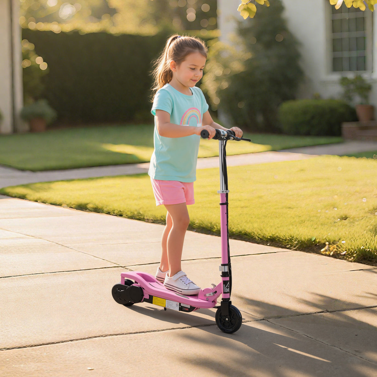Trotinete Elétrico Dobrável Suporta até 50kg com Altura Ajustável Scooter Elétrica com Interruptor de Inicio e Freios 75x36x82-93cm Rosa — foto 2