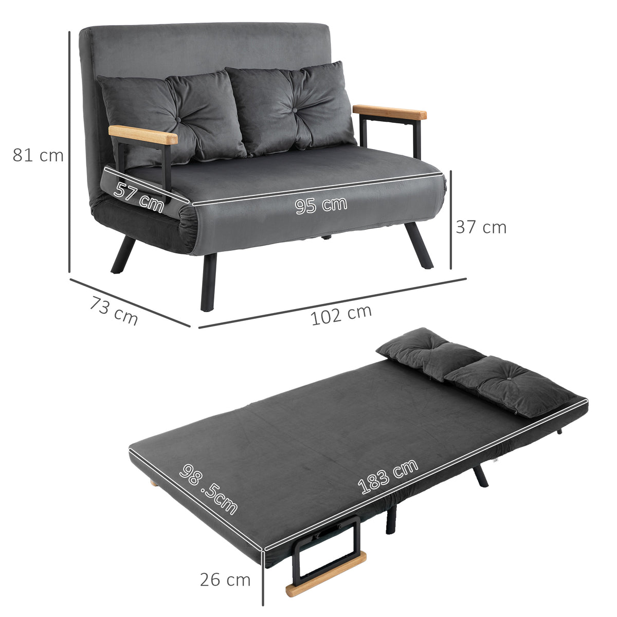 Sofá Cama Sofá Convertível em Cama de 2 Lugares Dobrável com Encosto Ajustável em 5 Níveis e 2 Almofadas Acolchoadas para Escritório Dormitório Sala de Estar 102x73x81 cm Cinza - Modelo 1 — foto 3