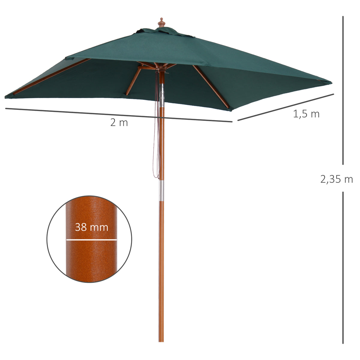 Chapéu de Sol de Jardim 200x150x230cm Chapéu de Sol Retangular Inclinável com Polia Duplo Teto e Mastro Desmontável de Madeira para Terraço Pátio Verde — foto 3