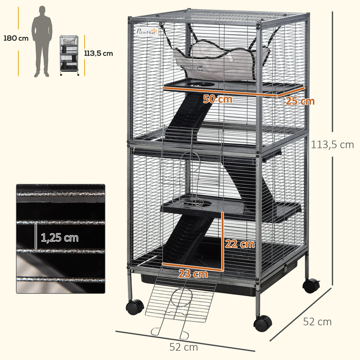Gaiola para Animais Pequenos de 4 Níveis 52x52x113,5 cm Parque para Animais com Rodas 2 Portas 3 Rampas Rede Suspensa e Tabuleiro Removível para Porquinhos-da-Índia Cinzento Prateado — foto 3