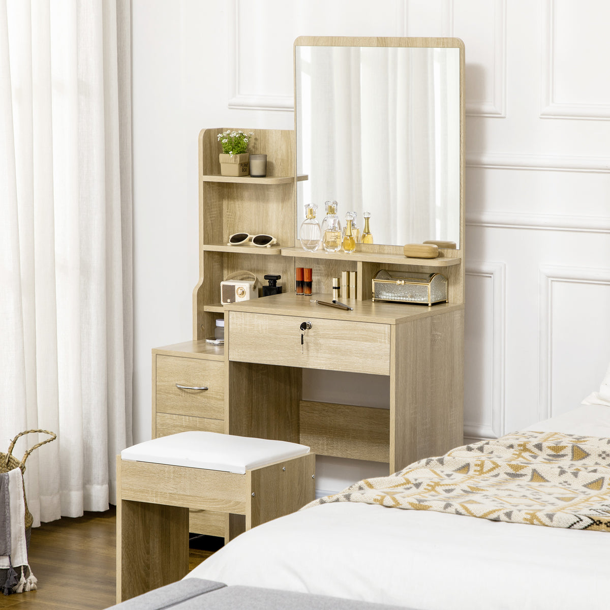 Toucador de Maquilhagem com Banco e Espelho Mesa de Maquilhagem com 4 Gavetas 4 Compartimentos de Armazenamento Estilo Moderno 80x38x143 cm Madeira — foto 2