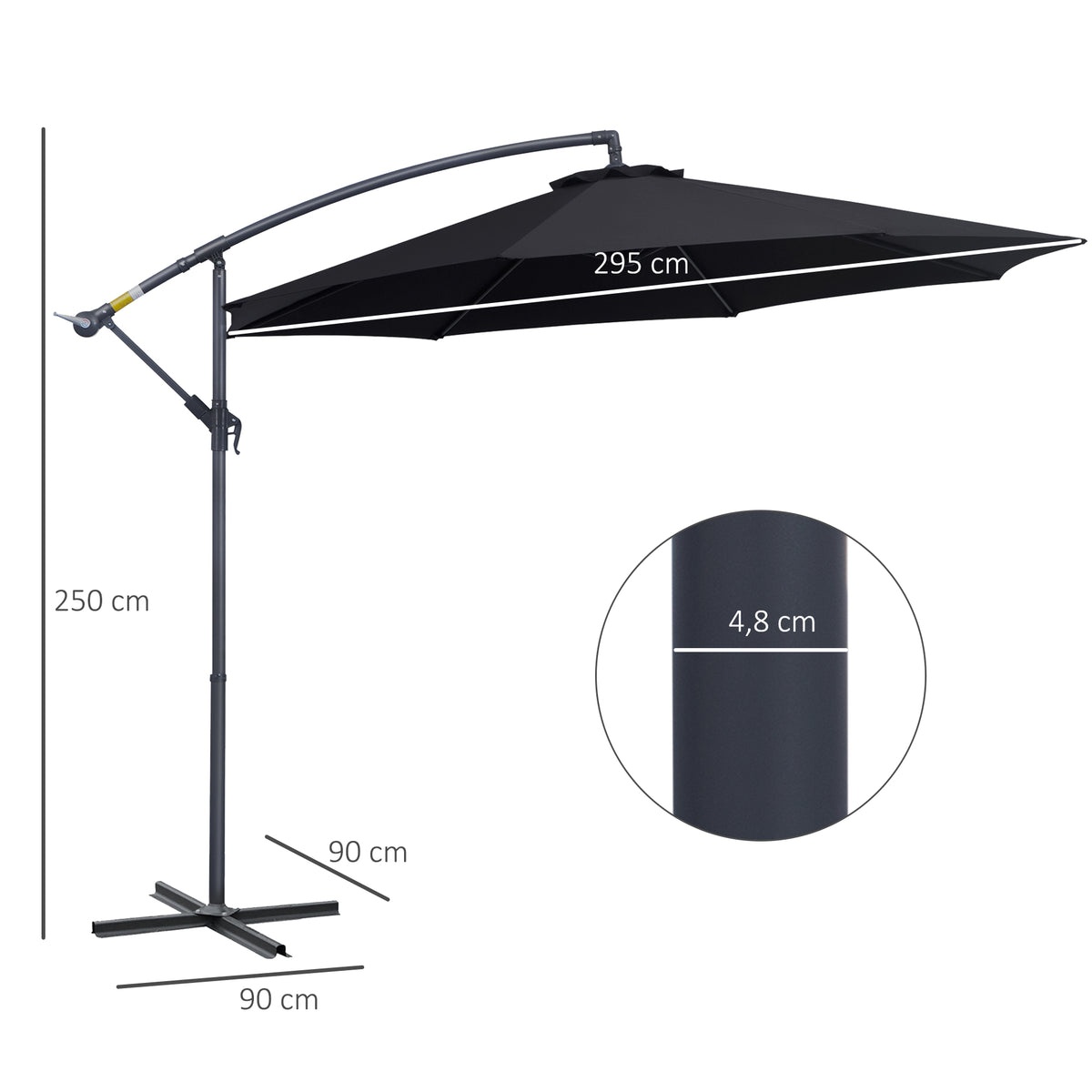 Chapéu de Sol de Jardim Ø300x260cm Chapéu de Sol Excêntrico Inclinável com Manivela Base Cruzada e Suporte de Metal 8 Hastes para Terraço Exterior Balcão Preto — foto 3
