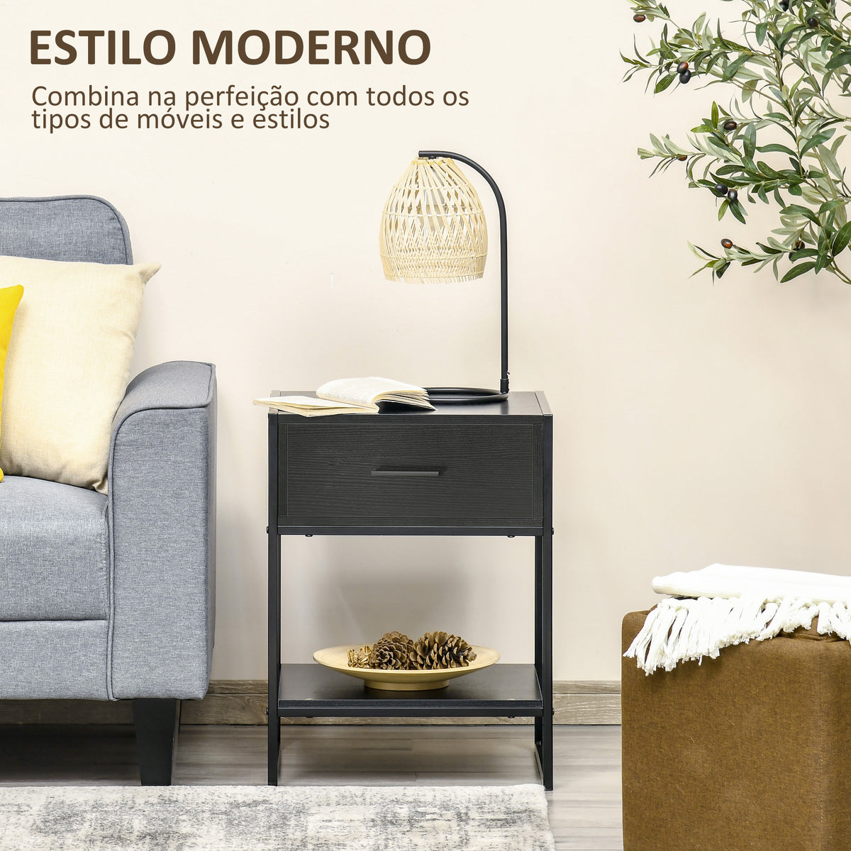 Mesa de Cabeceira Mesa Auxiliar com 1 Gaveta e Prateleira de Armazenamento para Dormitórios Sala de Estar Escritório Estilo Moderno 45x40x60cm Preto — foto 4