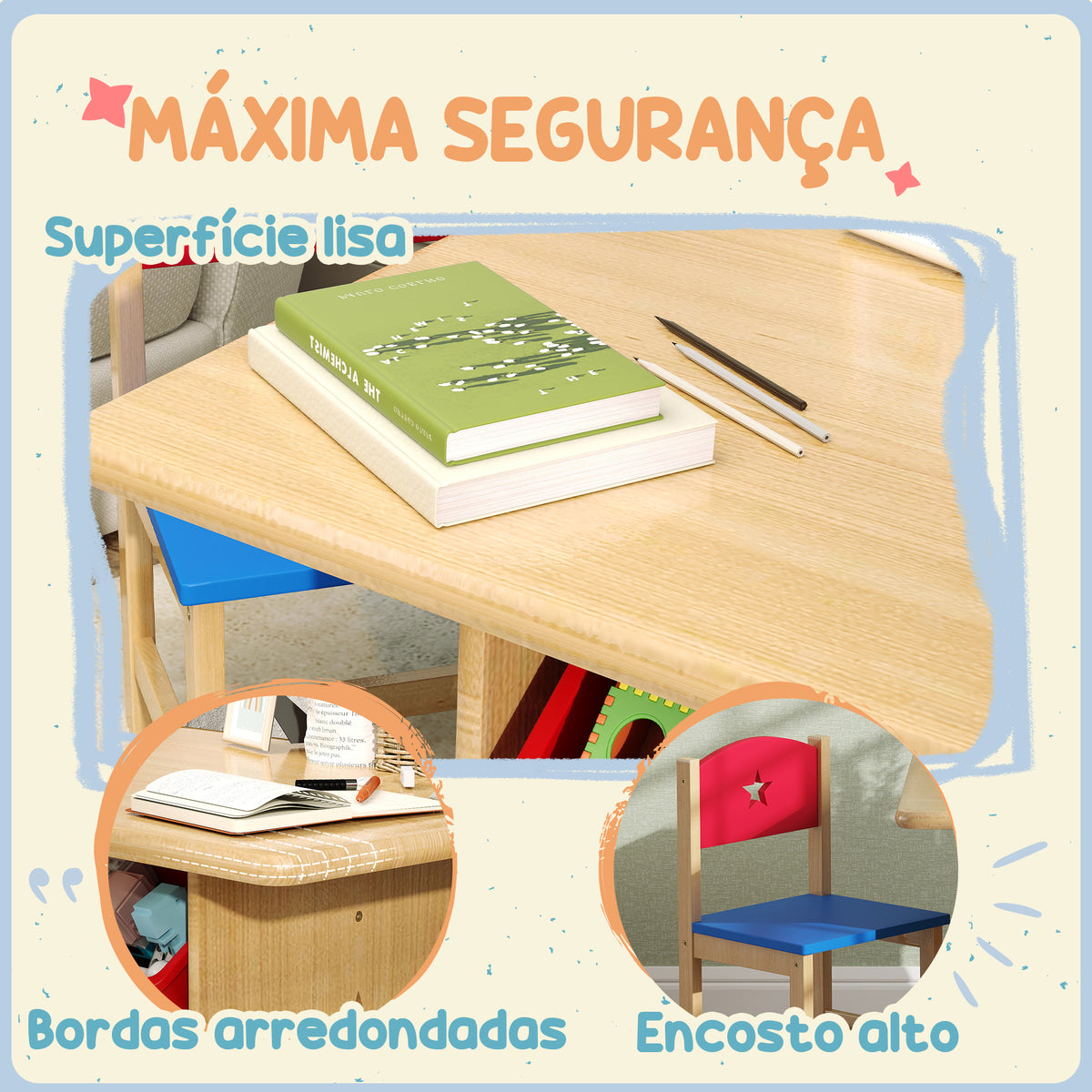 Mesa e Cadeiras para Crianças de 3 Peças Mesa Infantil com 2 Cadeiras e 4 Cestos de Arrumação Conjunto de Móveis para Crianças acima de 3 Anos para Sala de Jogos Madeira — foto 7