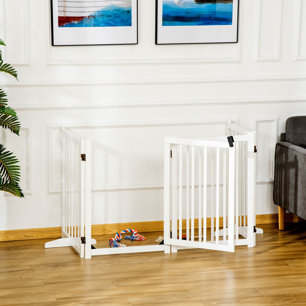 Barreira para Cães Dobrável Barreira para Cães Pequenos e Médios de 4 Painéis com Porta Barreira de Segurança em Madeira para Escadas e Corredores 237,5x36x80 cm Branco — foto 2
