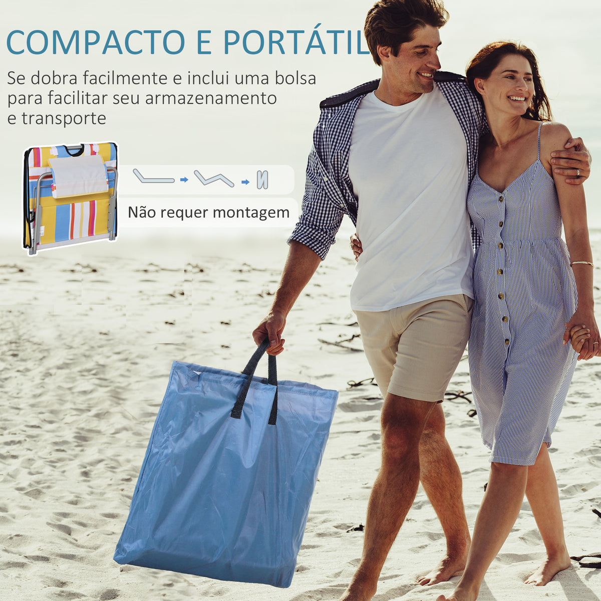 Conjunto de 2 Esteiras de Praia Dobráveis 124x53x50cm com Encosto Ajustável e Apoio para a Cabeça Esteira de Praia Tecido Oxford Aço com Bolsa de Transporte Multicor — foto 5
