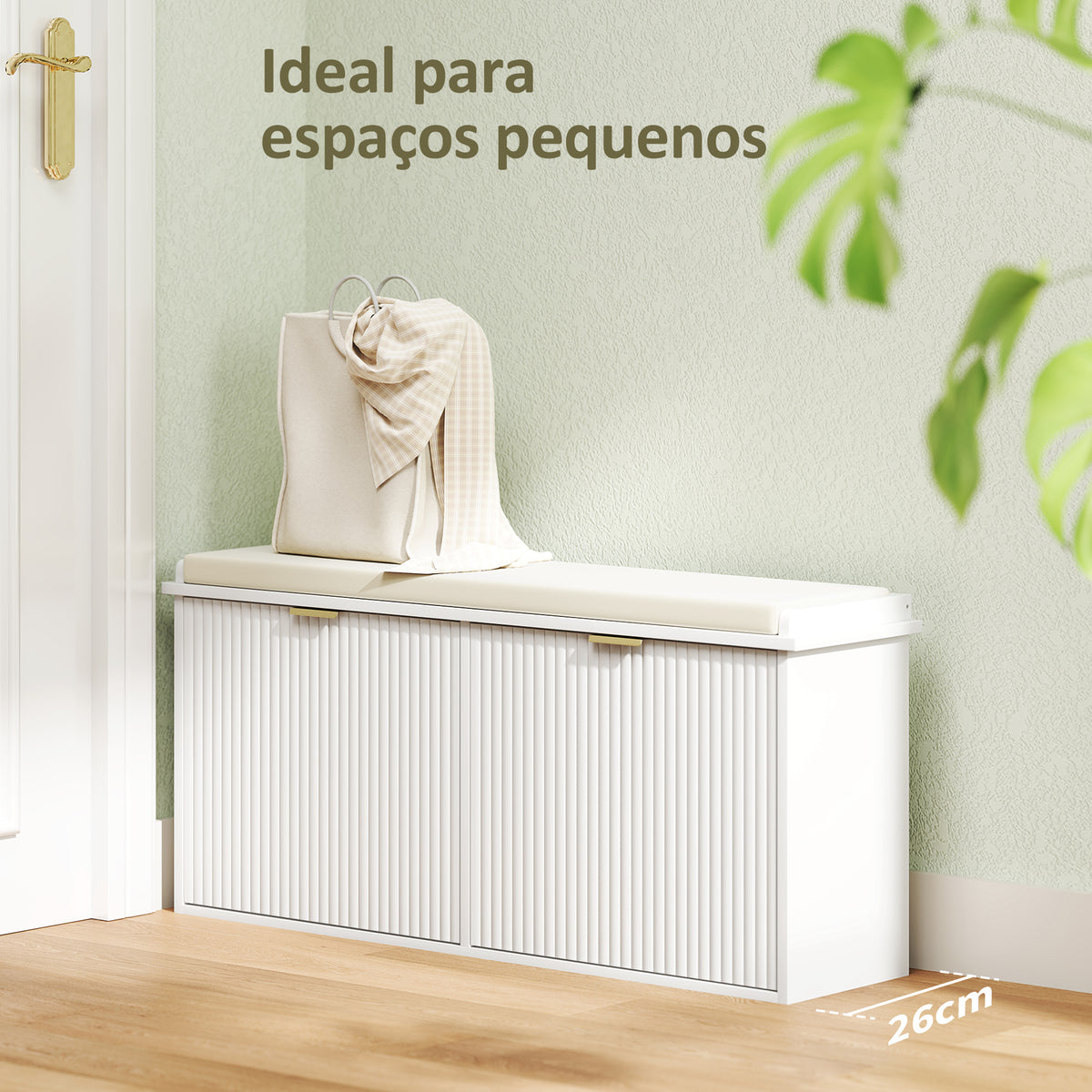 Banco Sapateira Móvel Sapateira Estreito Banco de Entrada com Assento Estofado 2 Caixas Rebatível e Painel de Ripas para Entrada Quarto Sala de Estar 104x26x47,5 cm Branco — foto 4