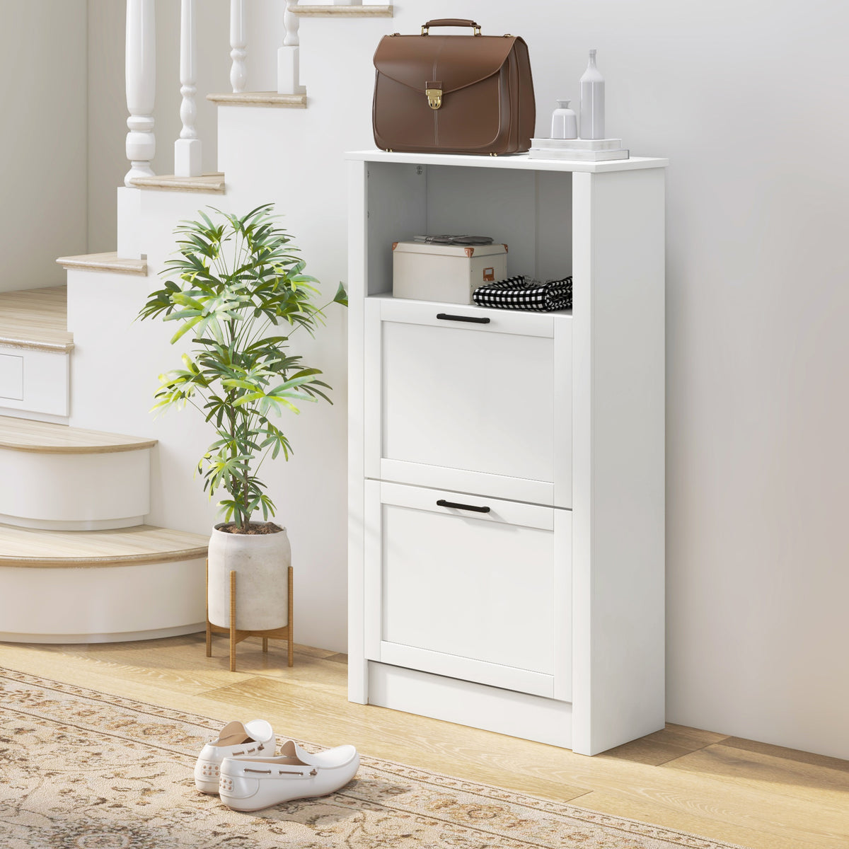 Sapateira Estreita com 2 Portas Sapateira para Entrada com Prateleiras Ajustáveis e Compartimento Aberto para 10 Pares de Sapatos 58x24x105 cm Branco — foto 2