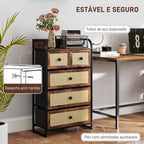 Cómoda de Tecido Cómoda para Dormitório com 5 Gavetas com Frente em Vime Prateleira e Estrutura em Aço para Sala de Estar 58x29x99 cm Marrom Rústico — foto 6