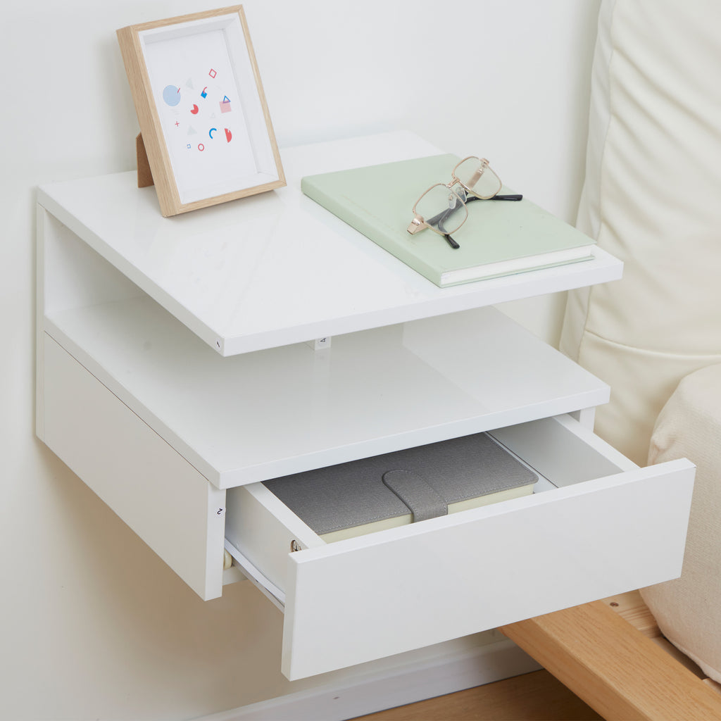 Conjunto de 2 Mesas de Cabeceira Flutuantes, Mesas de Cabeceira com Gaveta e Prateleira Aberta, Design Moderno, Ideal para Quarto e Sala de Estar, 35x32x22,5 cm, Branco Brilhante — foto 7