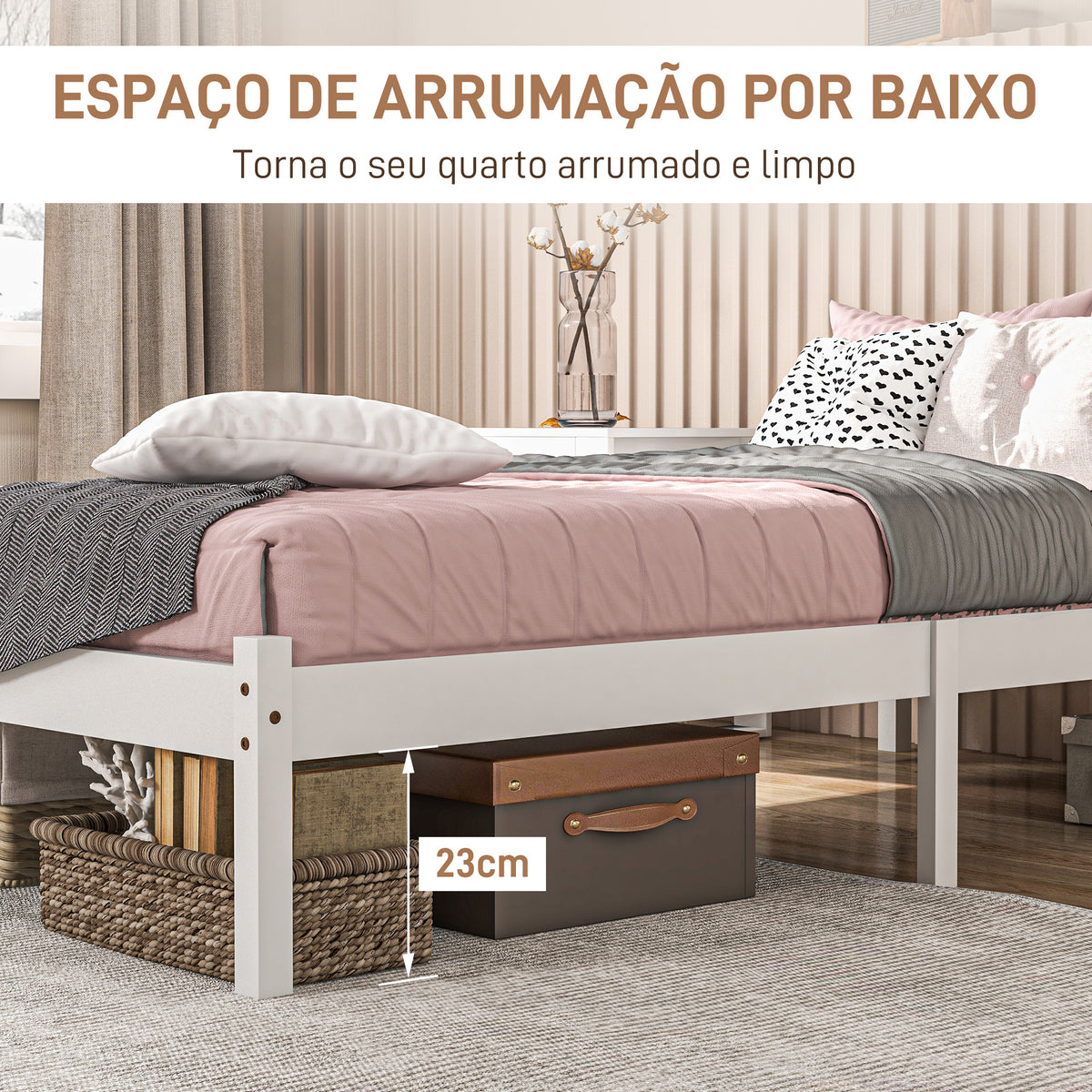 Estrutura de Cama de Madeira Estrado de Cama de Solteiro para Colchão 190x90 cm Carga 120 kg 198x96x70 cm Branco — foto 4