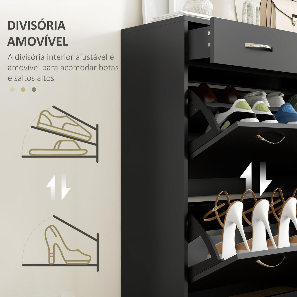 Sapateira Móvel para Sapatos Estreito com 2 Compartimentos e 2 Gavetas para 12 Pares de Sapatos para Sala de Estar Entrada Corredor 80x30x91,5 cm Preto — foto 6