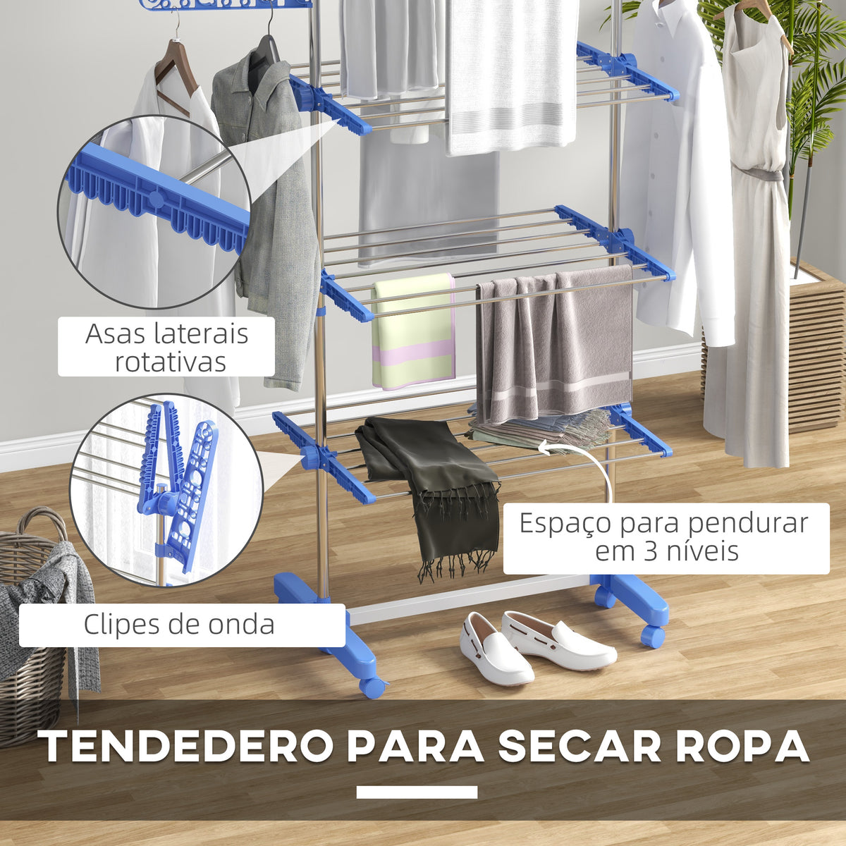 Estendal para Roupa Dobrável 80x55x152cm com 6 Rodas e 3 Prateleiras com Altura Ajustável de Aço Inoxidável Prata e Azul — foto 5