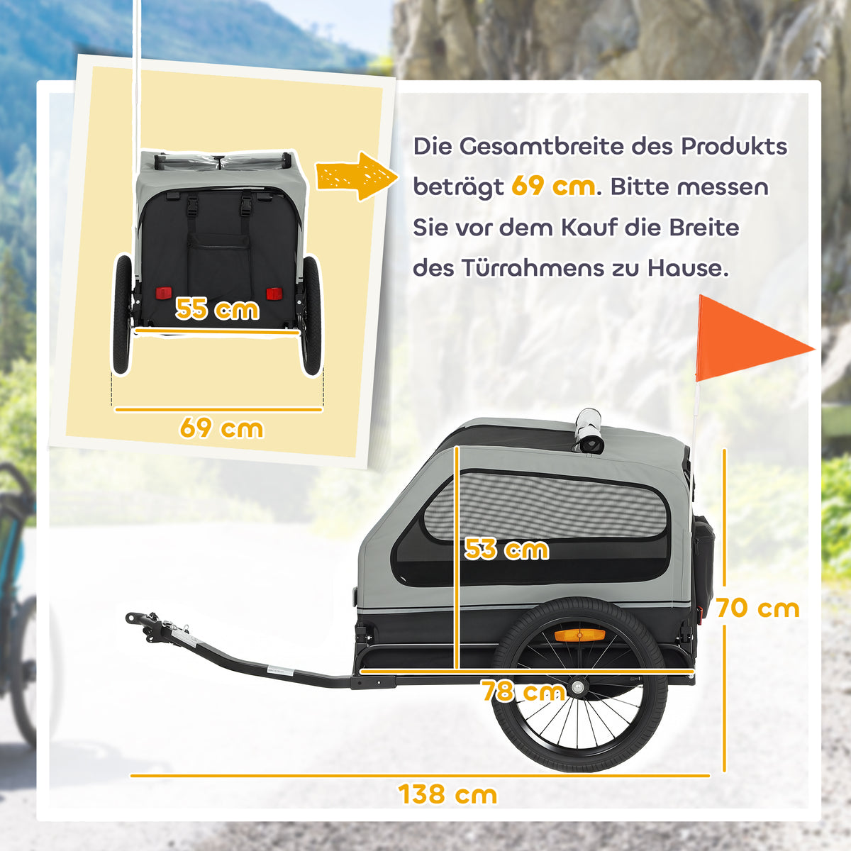 Reboque de Bicicleta Dobrável para Cães de Porte Médio até 20 kg com Rampa Rebatível Refletores Guia Bandeira Cinza — foto 2