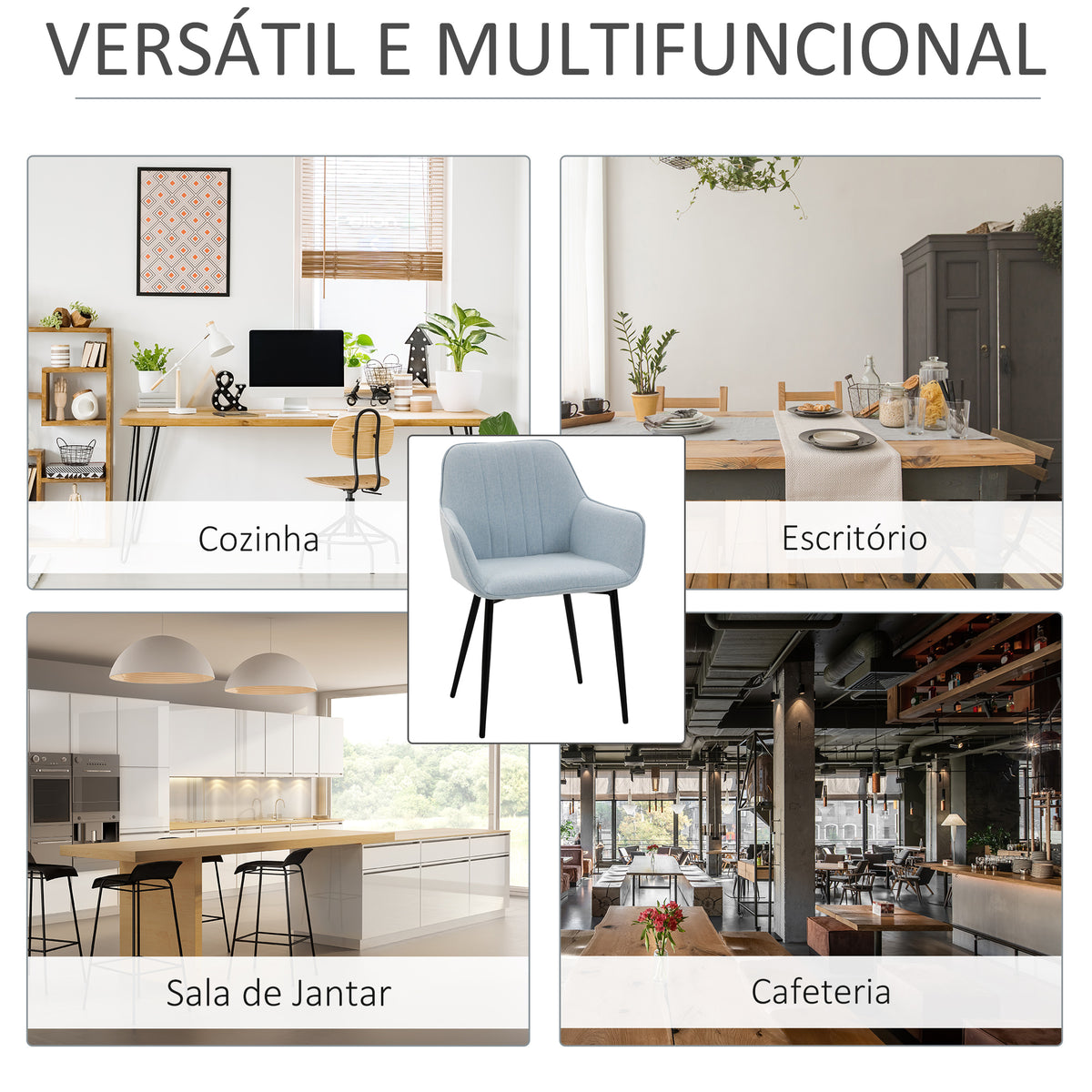 Conjunto de 2 Cadeiras de Sala de Jantar Estofadas em Linho Cadeiras de Cozinha com Encosto Apoio para os Braços e Pés de Metal 59,5x56,5x81 cm Azul — foto 6