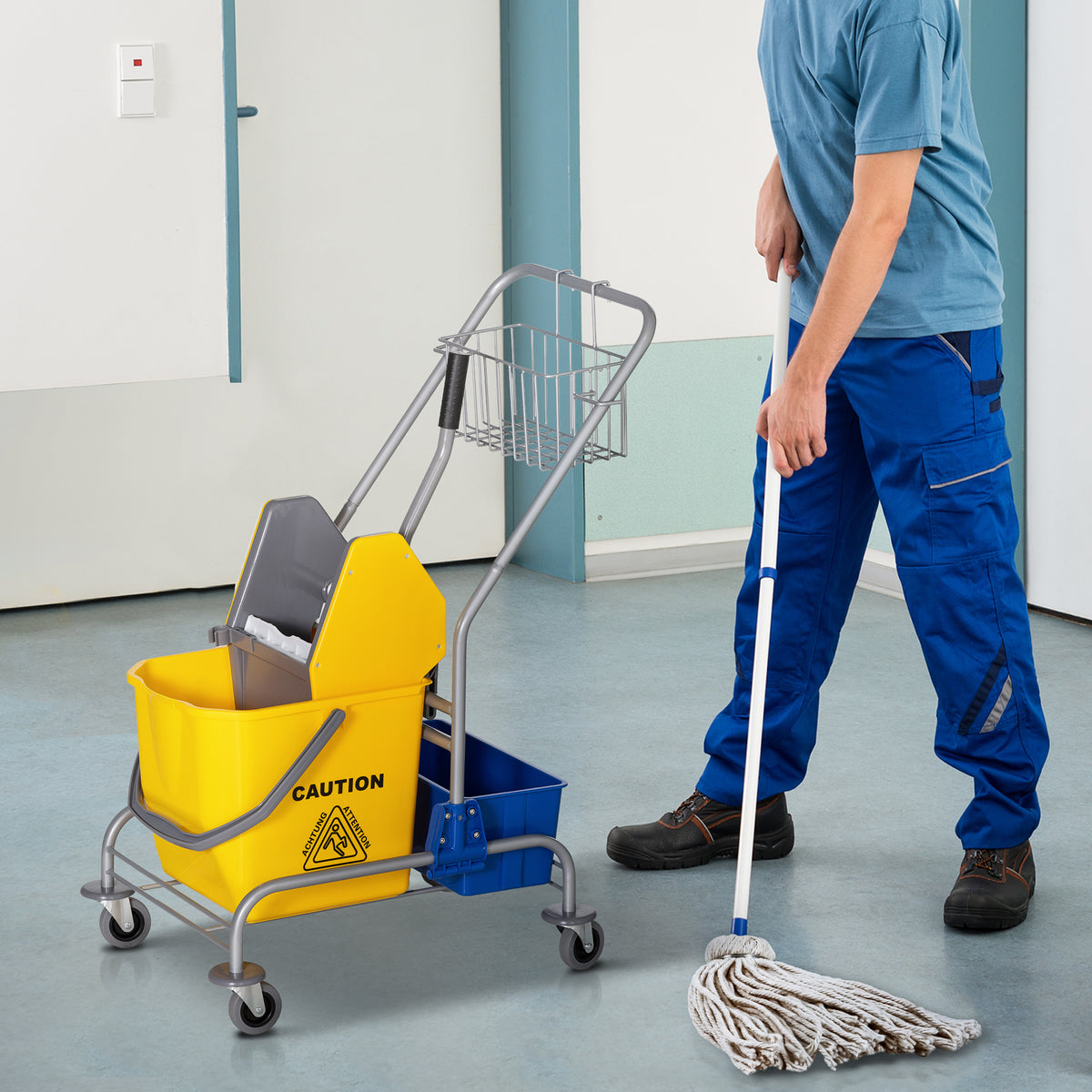 Carro de Limpeza Profissional Balde de Esfregona com Rodas Balde Removível de 25 Litros Espremedor de Pressão Cesto e Cubeta 72x49,5x95 cm Amarelo — foto 2