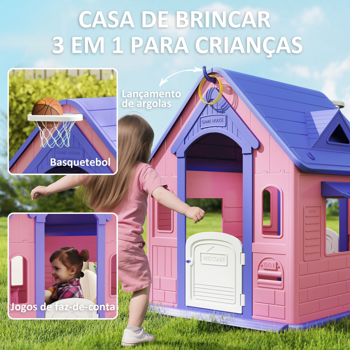 Casinha Infantil para Exterior e Interior 3 em 1 Casinha de Jardim com Lançamento de Aros e Basquetebol Casa de Jogos para Crianças de 2-5 Anos 132x118x124 cm Rosa e Roxo — foto 4