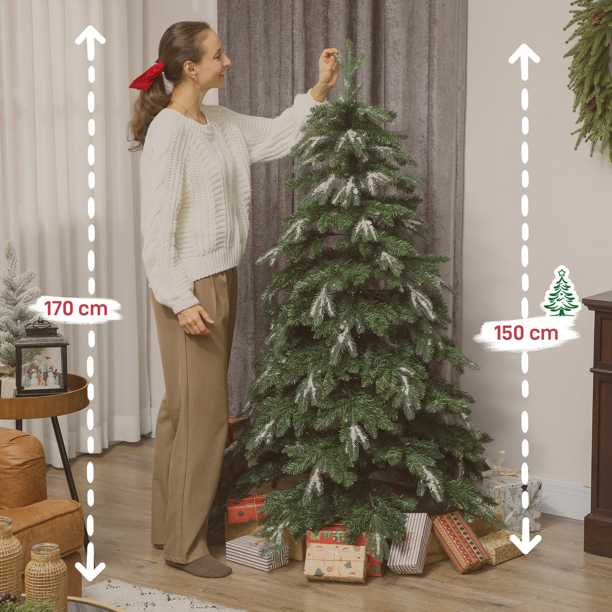 Árvore de Natal Artificial 150 cm Ramos Realistas com Efeito Neve Árvore de Natal com Suporte em Aço Base Dobrável Montagem Rápida Decoração de Natal para Casa Festa Verde — foto 3