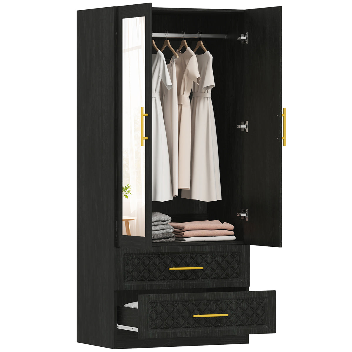 Roupeiro com Espelho 2 Portas e 2 Gavetas Roupeiro para Dormitório com Relevo de Diamante Barra para Pendurar Estilo Moderno 80x50x180 cm Preto — foto 1