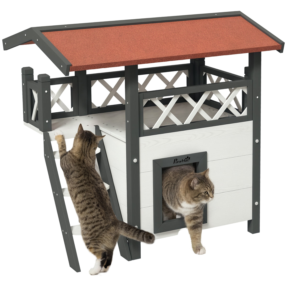 Casa para Gatos de Madeira 77x50x73cm Casa para Gatos com 2 Níveis com Teto Asfáltico Terraço Cercado Caverna e Escada para Interior e Exterior Branco — foto 1