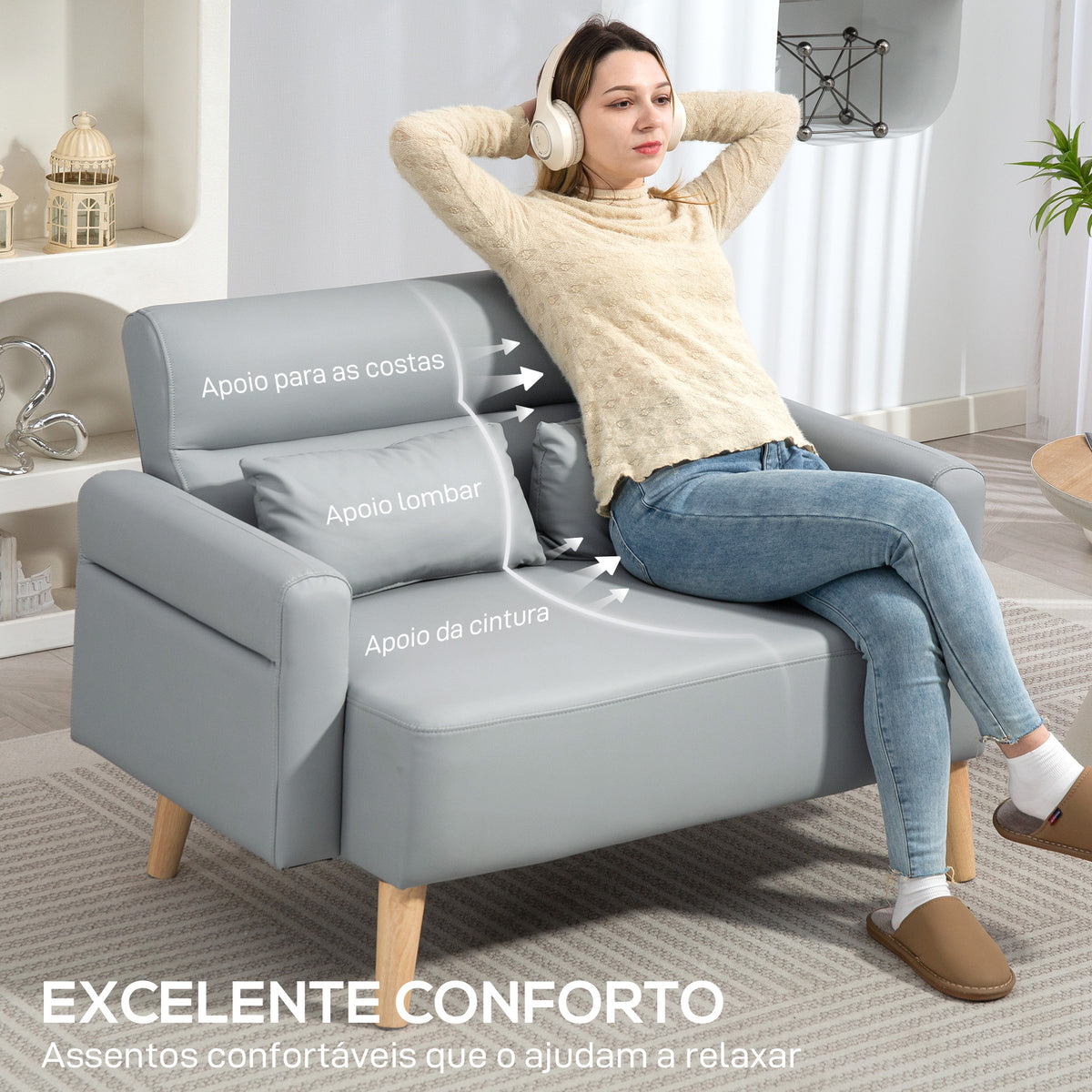 Sofá de 2 Lugares Estofado em Couro Sintético Sofá de Sala de Estar de 117 cm com Braços Acolchoados e Pernas de Madeira para Quarto Sala de Estar 117x78x78 cm Cinza — foto 5