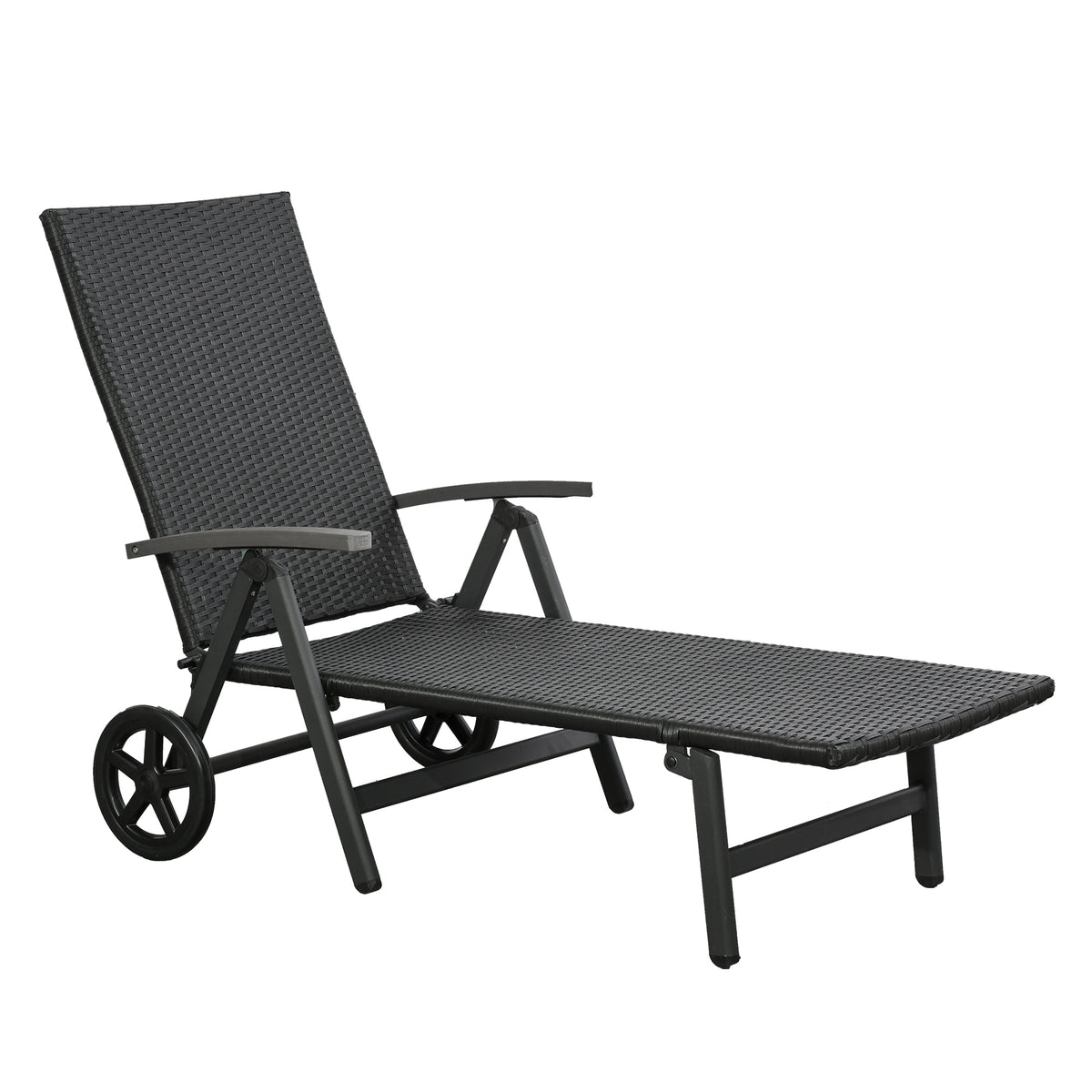 Espreguiçadeira de vime para Jardim 192x74x55 cm com 7 Posições Encosto Reclinável Apoios de Braços e Rodas Estrutura de Alumínio para Pátio Terraço Varanda Preto — foto 1
