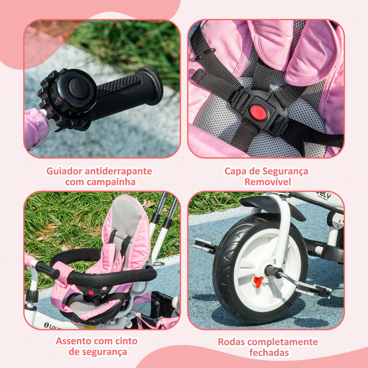 Triciclo para Bebés 2 em 1 Triciclo Evolutivo para Crianças de +12 Meses com Toldo Dobrável Guiador Telescópico e Removível Cinto de Segurança e Cesto 95x50x106 cm Rosa — foto 4