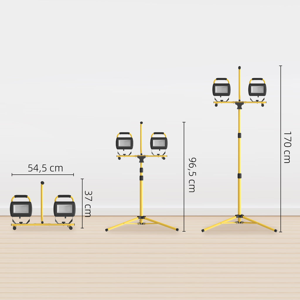 Projetor LED Duplo Recarregável de Alumínio com Tripé Dobrável 8500 Lúmenes IP65 6500K e Cabeças Ajustáveis para Trabalho Interior e Exterior Amarelo e Preto — foto 3