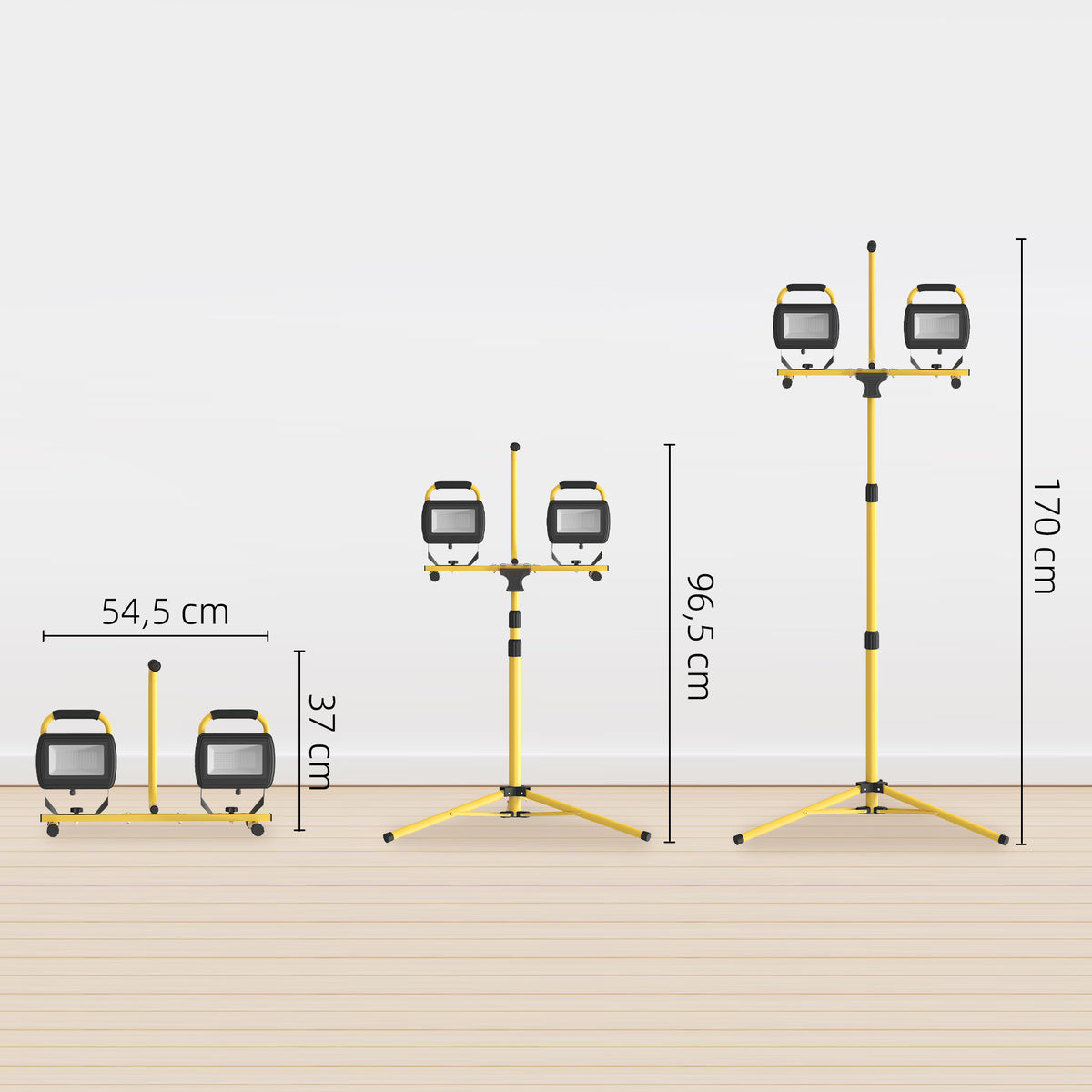 Projetor LED Duplo Recarregável de Alumínio com Tripé Dobrável 8500 Lúmenes IP65 6500K e Cabeças Ajustáveis para Trabalho Interior e Exterior Amarelo e Preto — foto 3