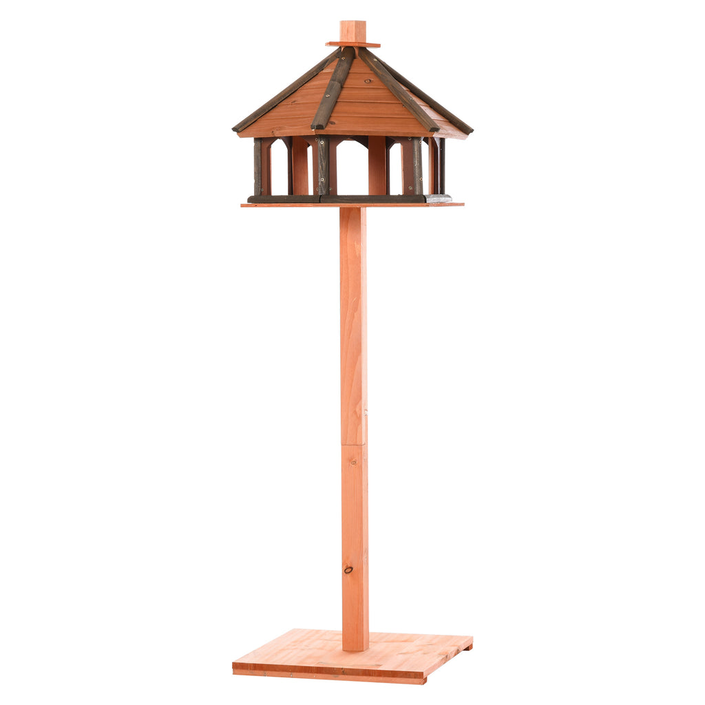 Casa para Pássaros de Pé de Madeira Maciça Ø52x130cm com Teto Comedouro para Aves Silvestres para Exterior Jardim Natural — foto 1