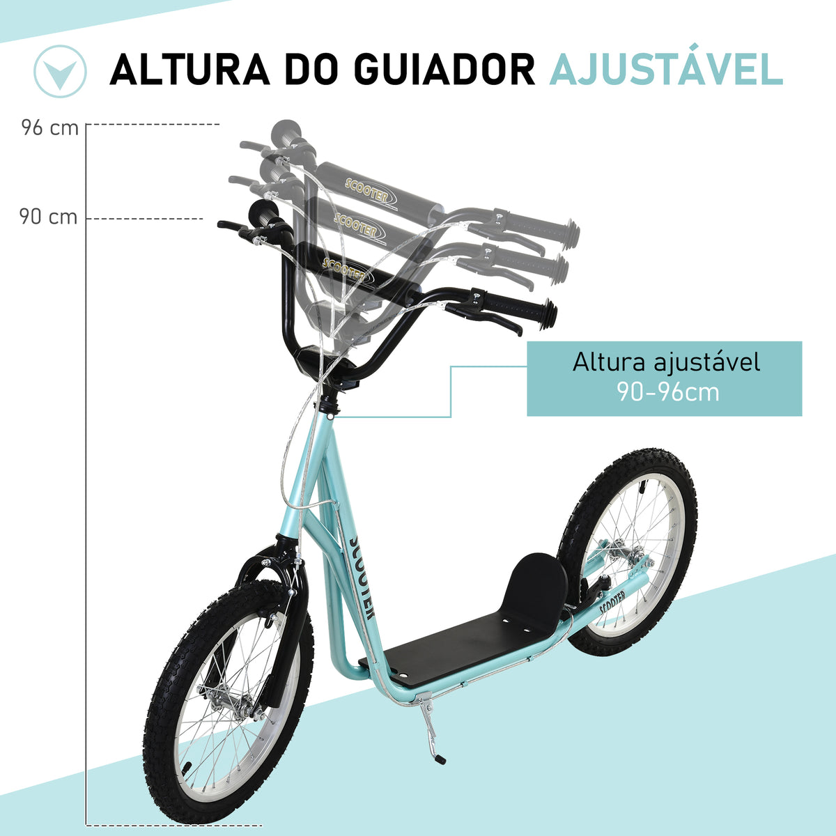 Trotinete para Crianças acima de 5 Anos e Adolescentes com Guiador Ajustável em Altura 2 Pneus de Borracha Insufláveis com Travagem Dupla e Rodas 16" Carga 100 kg 139x58x90-96 cm Azul — foto 4