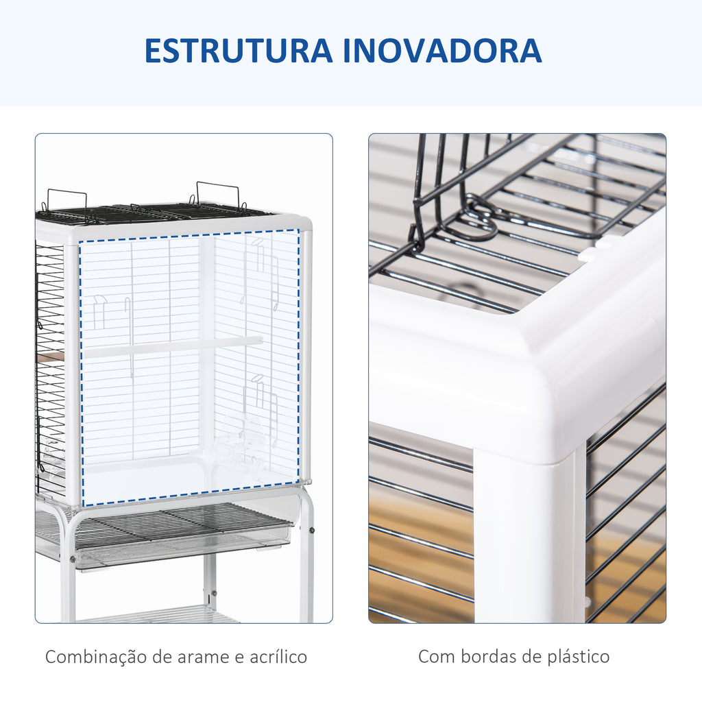 Gaiola para Passáros com Suporte Desmontável Gaiola com 4 Rodas Teto com Abertura 2 Comedouros 2 Poleiros e Bandeja para Periquitos Canários 47x35x106,5cm Branco — foto 6
