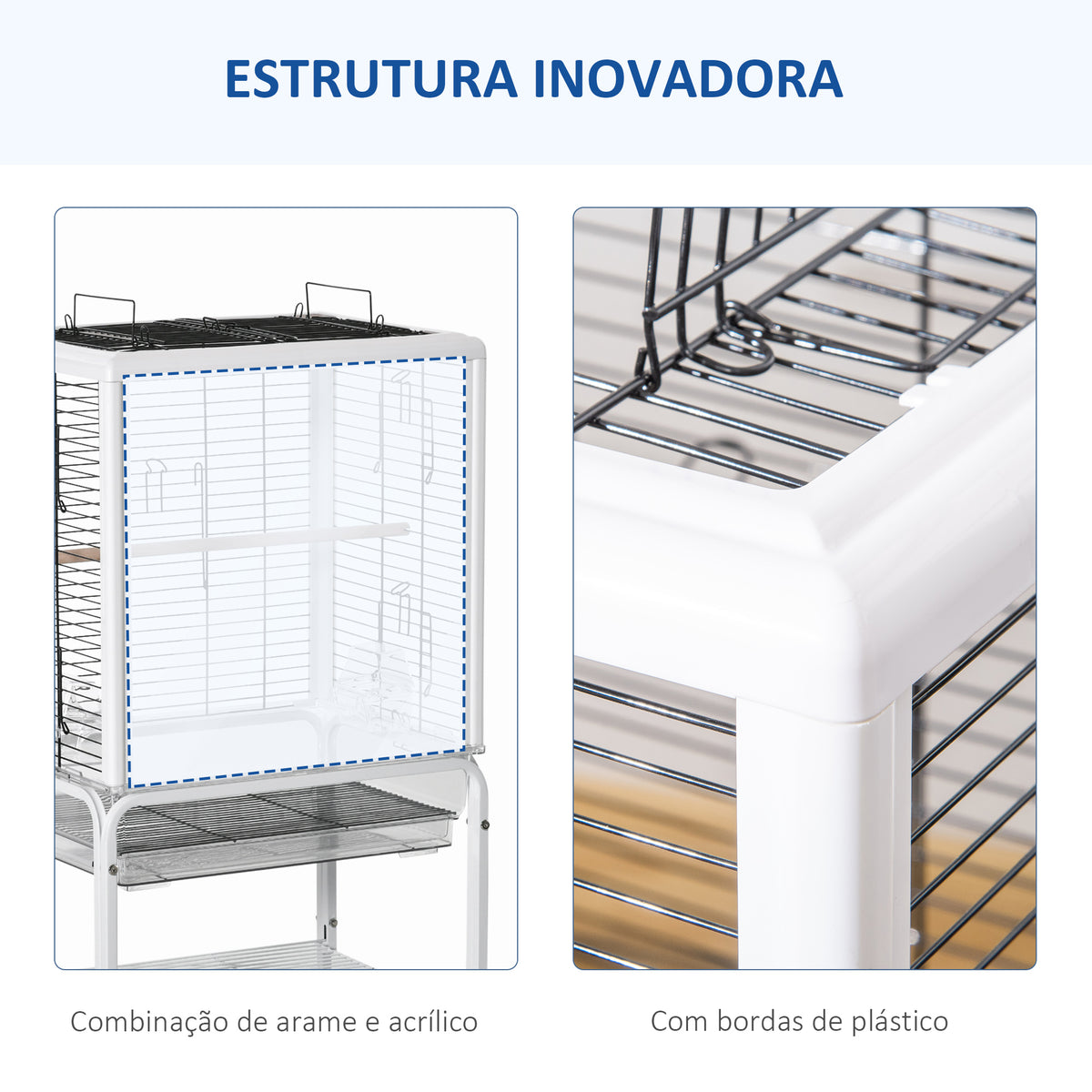 Gaiola para Passáros com Suporte Desmontável Gaiola com 4 Rodas Teto com Abertura 2 Comedouros 2 Poleiros e Bandeja para Periquitos Canários 47x35x106,5cm Branco — foto 6