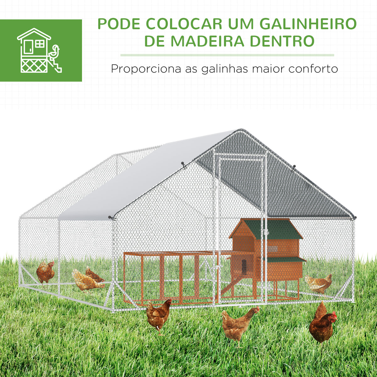 Galinheiro de Exterior Grande 3x4x2m Gaiola para 8-12 Galinhas de Aço Galvanizado com Teto de PE e Fechadura para Coelhos Prata — foto 5