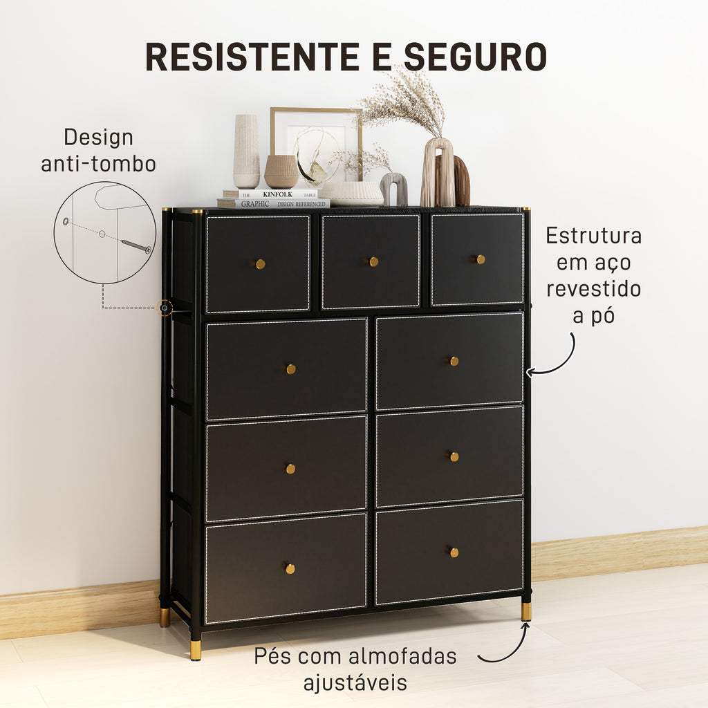Cómoda para Dormitório Cómoda de Tecido com 9 Gavetas Dobráveis com Frentes de Couro PU e Estrutura de Aço Cómoda para Dormitório 88x30x103,5 cm Preto — foto 6