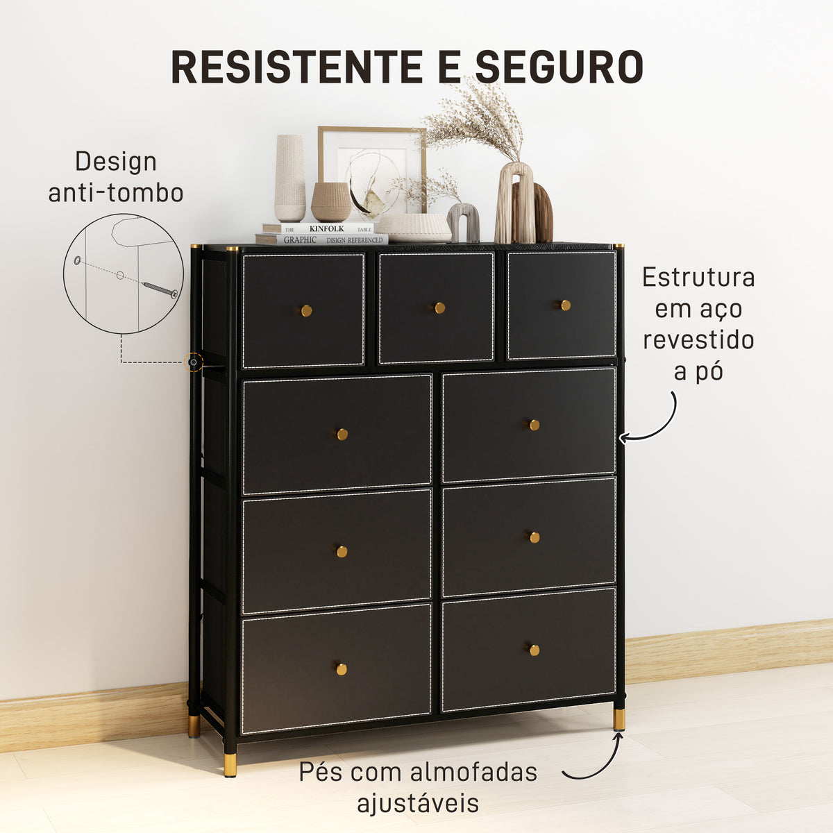 Cómoda para Dormitório Cómoda de Tecido com 9 Gavetas Dobráveis com Frentes de Couro PU e Estrutura de Aço Cómoda para Dormitório 88x30x103,5 cm Preto — foto 6