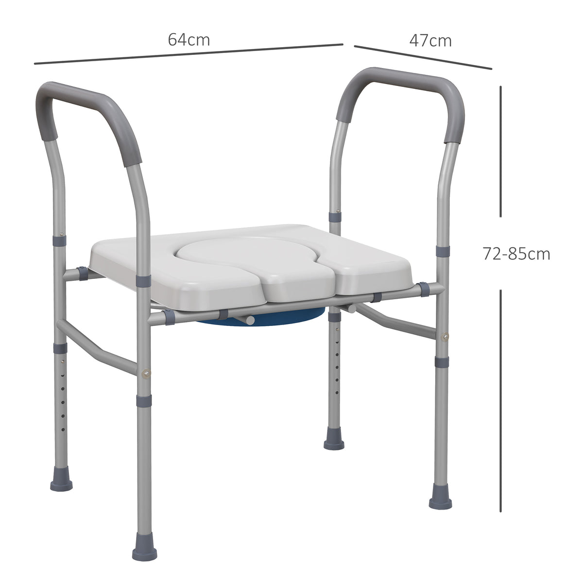 Cadeira Higiénica 4 em 1 Cadeira com Sanita de Alumínio Cadeira de Duche com Altura Ajustável e Almofadas Antiderrapantes Carga 136 kg para Pessoas com Deficiência Grávidas 64x53x70-82 cm Cinza — foto 3