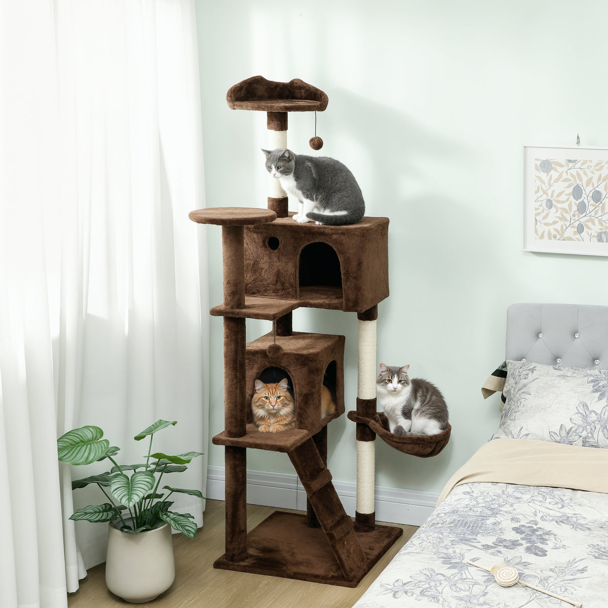 Arranhador para Gatos 180 cm Torre de Escalada com Múltiplas Plataformas Cama 2 Cavernas Rede Escada Postes de Sisal Bolas para Brincar Marrom — foto 2