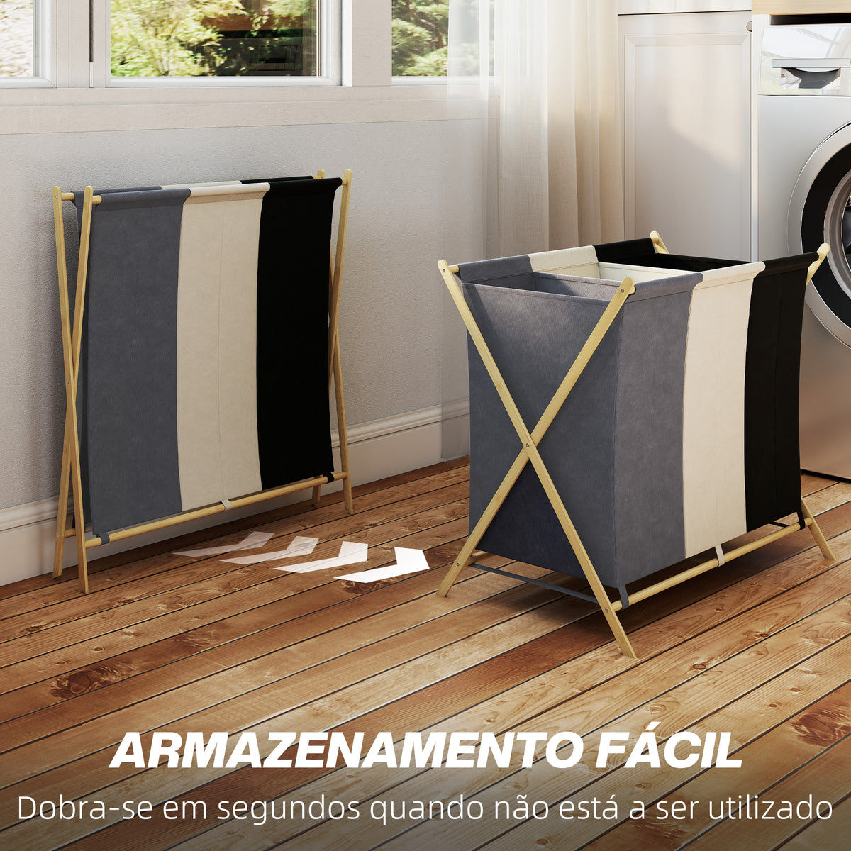 Cesto para Roupa Suja Dobrável com 3 Compartimentos Capacidade de 129L Cesto para a Lavandaria com Estrutura em Forma de X de Bambu e Sacos Removíveis 75x48x67 cm Multicolor — foto 5
