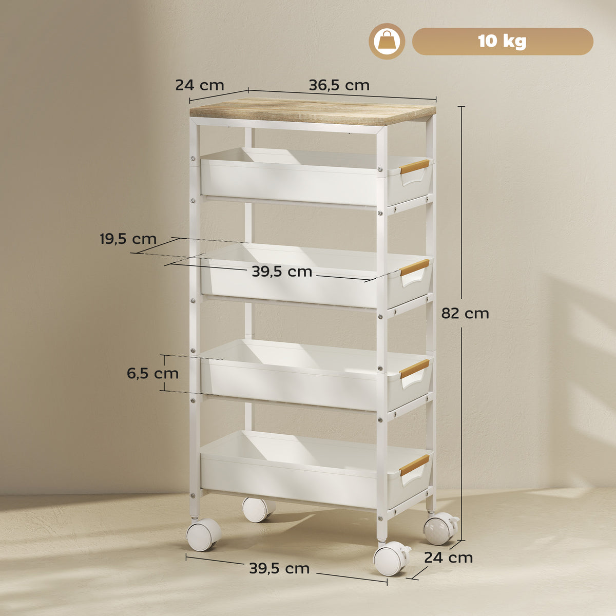 Carrinho de Cozinha de Armazenamento de 5 Níveis Carrinho Auxiliar com Rodas Bancada com Efeito Madeira e 4 Gavetas Removíveis Carrinho de Cozinha 39,5x24x82 cm Branco — foto 3