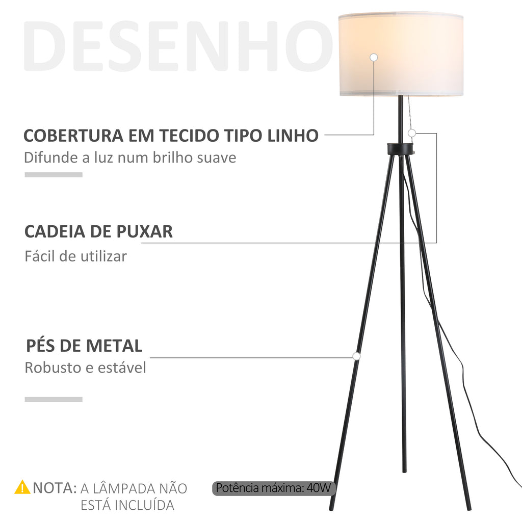 Candeeiro de Pé Moderno Candeeiro de Pé para Sala de Estar com Ecrã Redondo Tripé e Suporte para Lâmpada E27 Ø37x152 cm Branco e Preto — foto 4