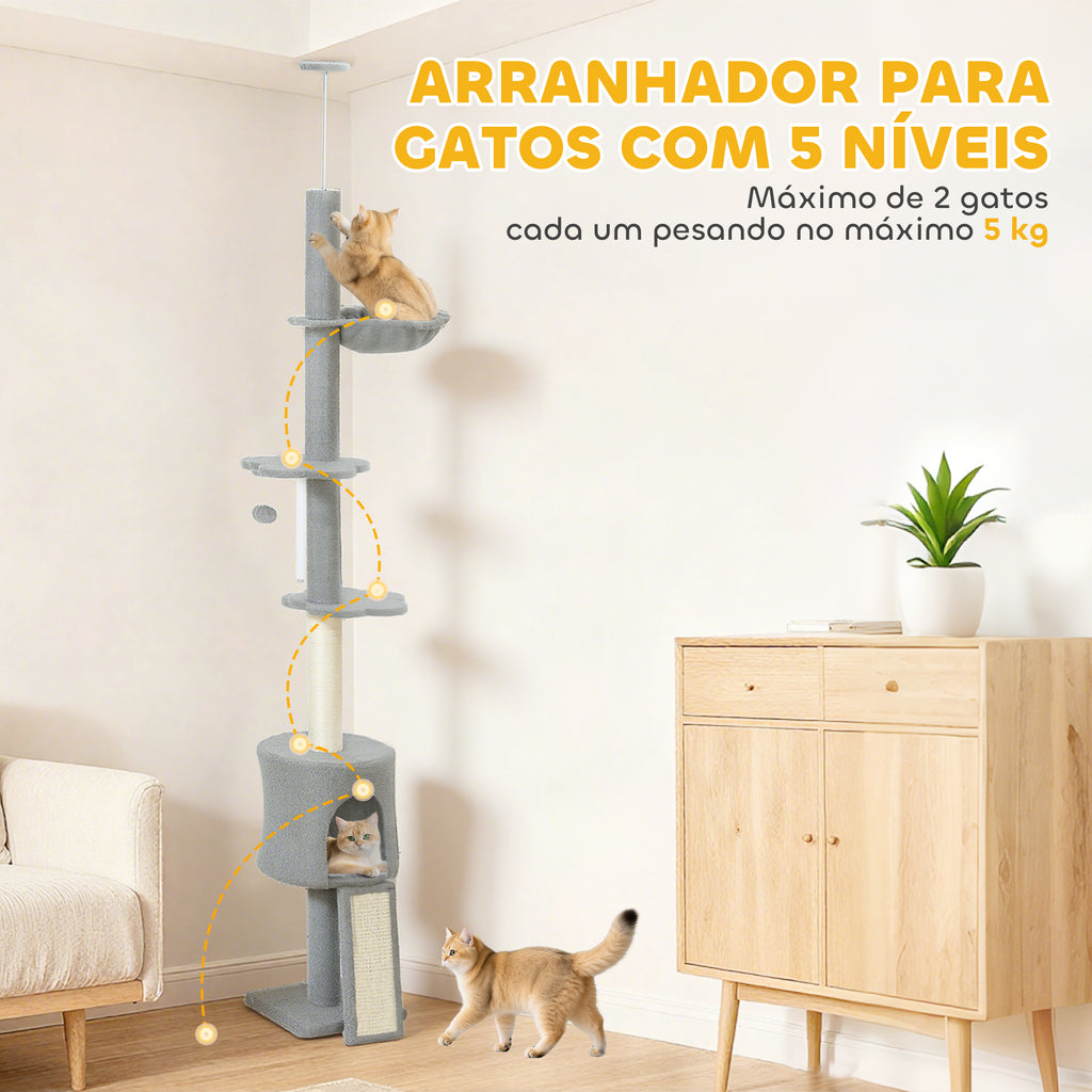 Arranhador para Gatos de Chão a Teto Altura Ajustável de 220-240 cm Torre para Gatos com Rede Plataformas em Flor Cavernas Rampa e Bola Cinza Claro — foto 6