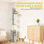 Arranhador para Gatos de Chão a Teto Altura Ajustável de 220-240 cm Torre para Gatos com Rede Plataformas em Flor Cavernas Rampa e Bola Cinza Claro — foto 6