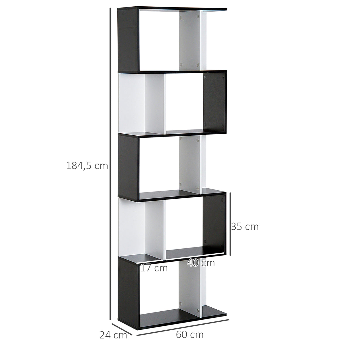 Estante de 5 Níveis, Biblioteca, Estante para Livros em Forma de S, para Sala, Quarto, Escritório, 24x60x184,5 cm, Branco e Preto — foto 3