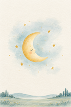 Lua e estrelas · Aguarela · quadro bebé — bebe-lua-e-estrelas-aguarela_ver