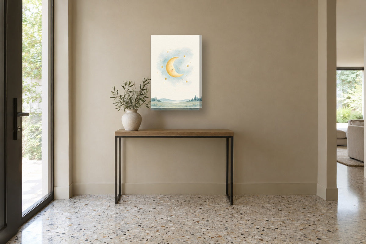 Lua e estrelas · Aguarela · quadro bebé — bebe-lua-e-estrelas-aguarela_ver_40x60_corredor