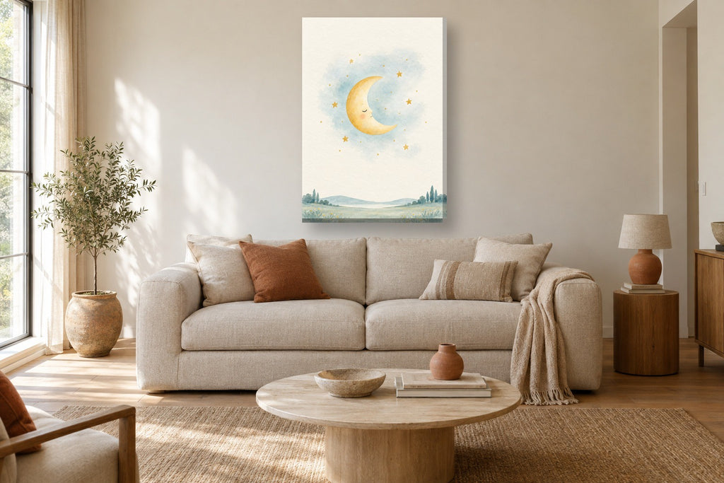 Lua e estrelas · Aguarela · quadro bebé — bebe-lua-e-estrelas-aguarela_ver_70x100_sala