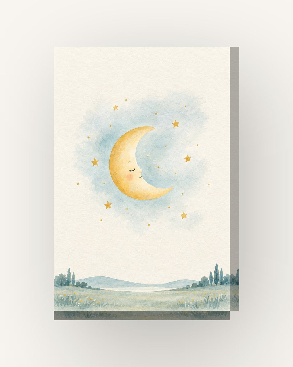 Lua e estrelas · Aguarela · quadro bebé — acabamento:slim